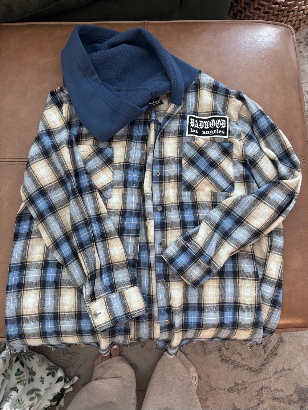 Badwood Los Angeles Women's Blue Plaid Hooded Flannel Shirt